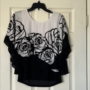 Chic Black and White Floral Poncho Blouse